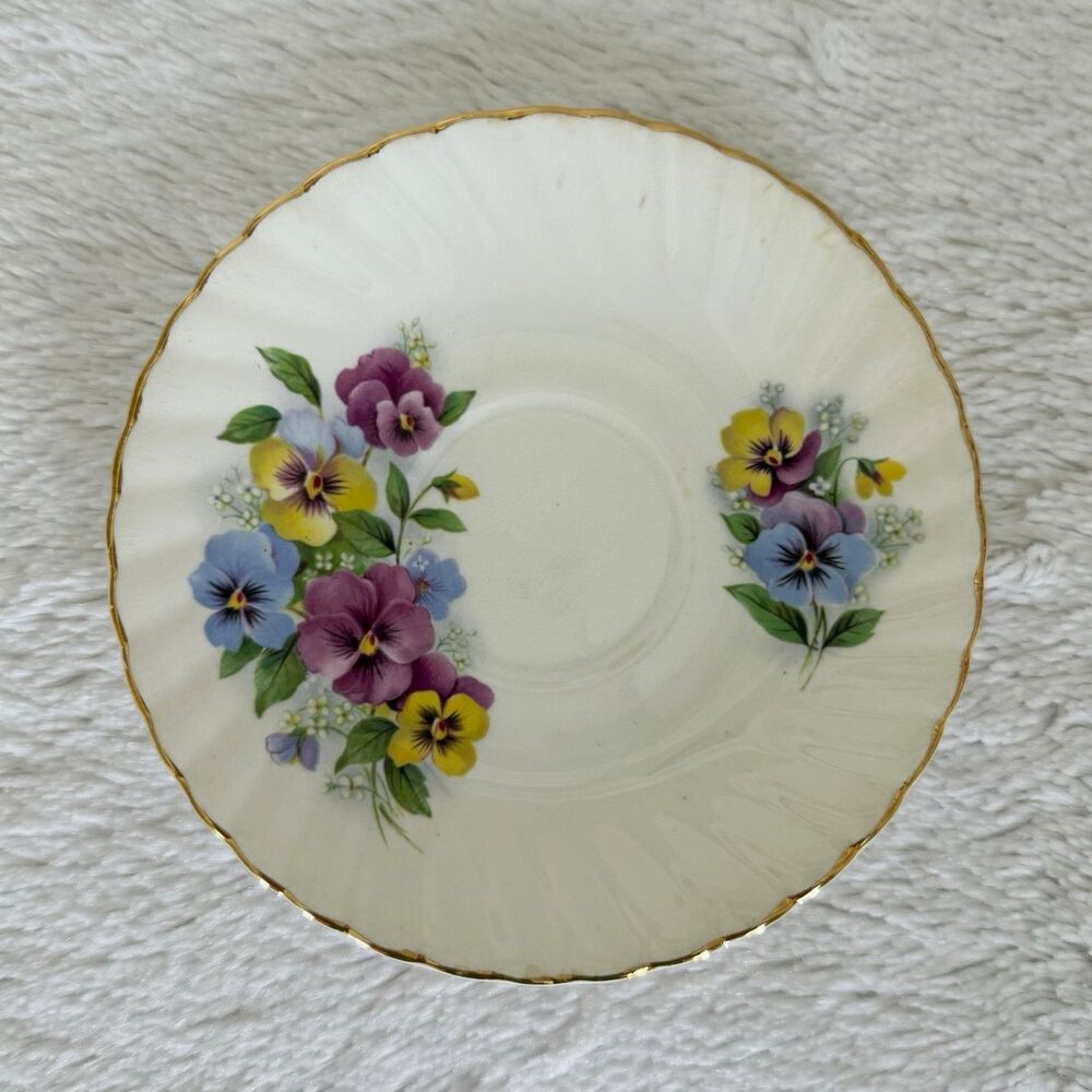 Vintage Royal Dover Bone China Saucer Only Purple Yellow Pansy Floral Gold Trim